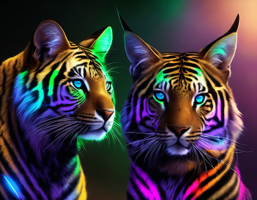 Vivid neon-lit tigers with multi-colored stripes on dark background