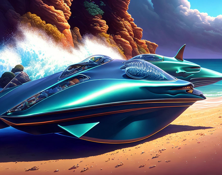 Futuristic dolphin-inspired speedboat near rocky coast at sunset