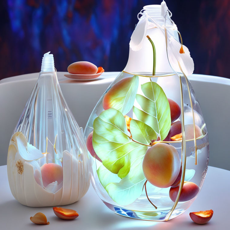 Artistic glass vases featuring blooming flower, peaches, and peony against moody backdrop