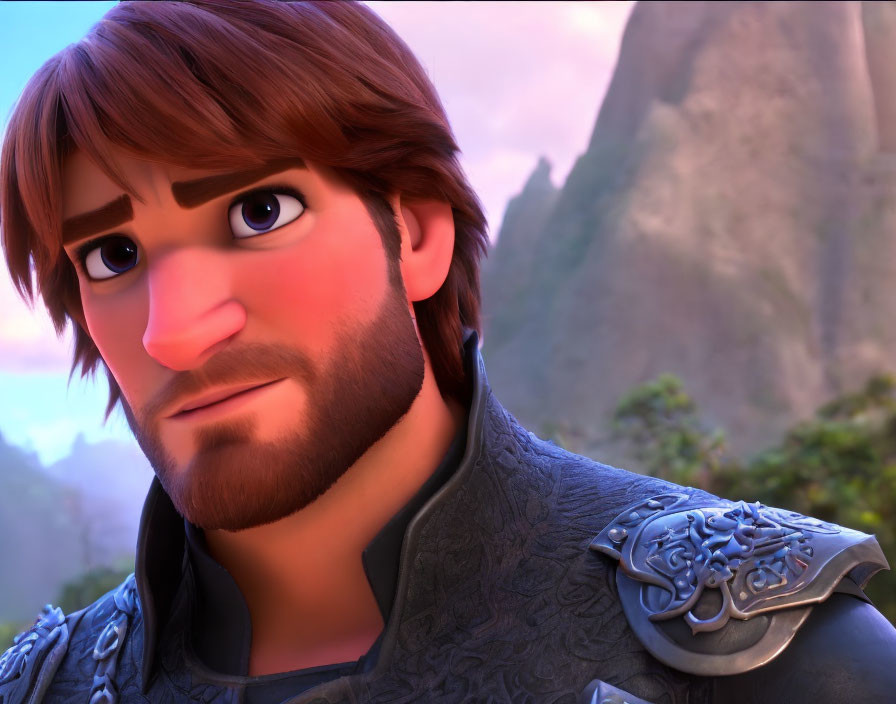 Brown-Haired Male Animated Character in Armor at Sunset