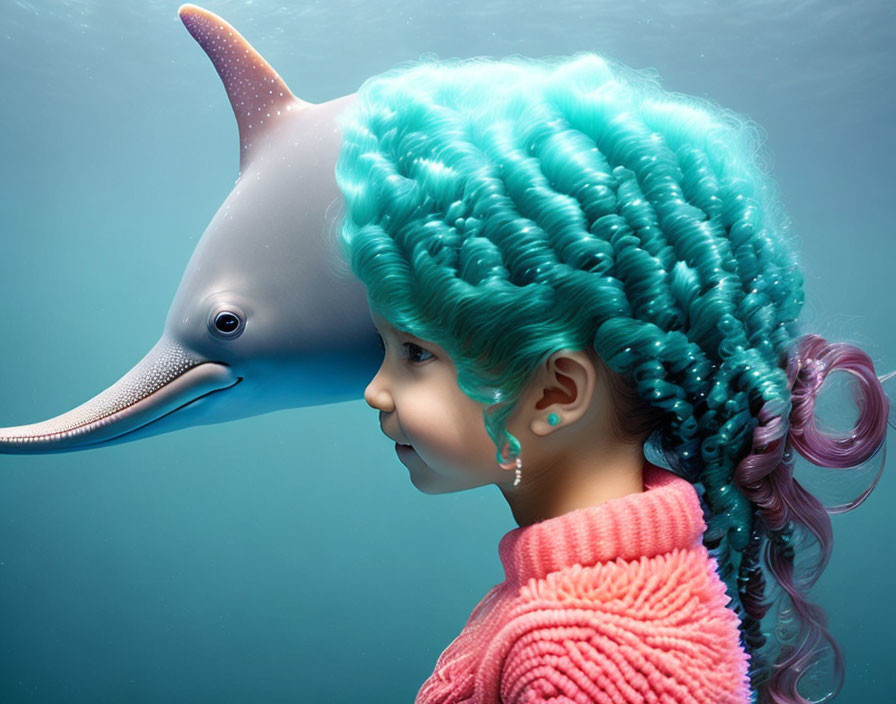 Surreal underwater scene: girl with dolphin-like turquoise hair meets dolphin.