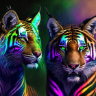 Vibrantly colored neon tigers with artistic fur designs on dark background