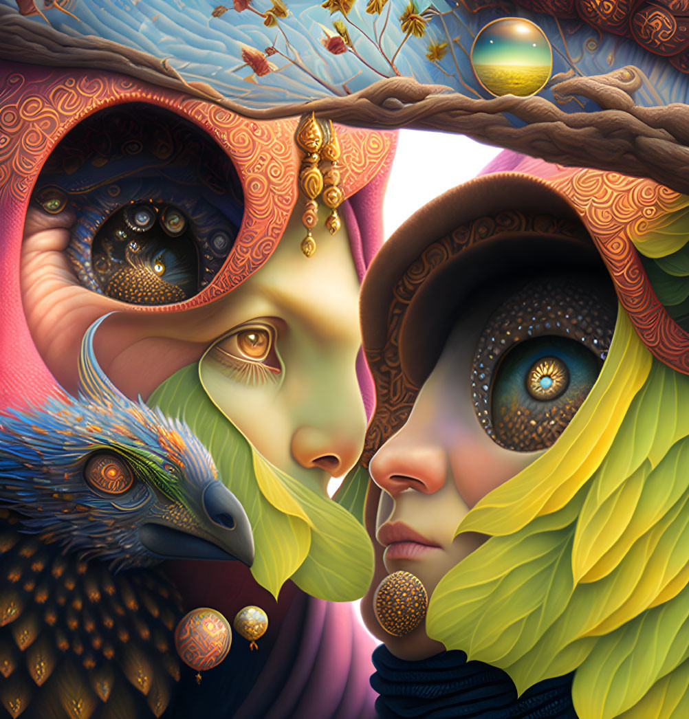 Colorful artwork featuring intricate patterns and human-like faces with bird and spheres.