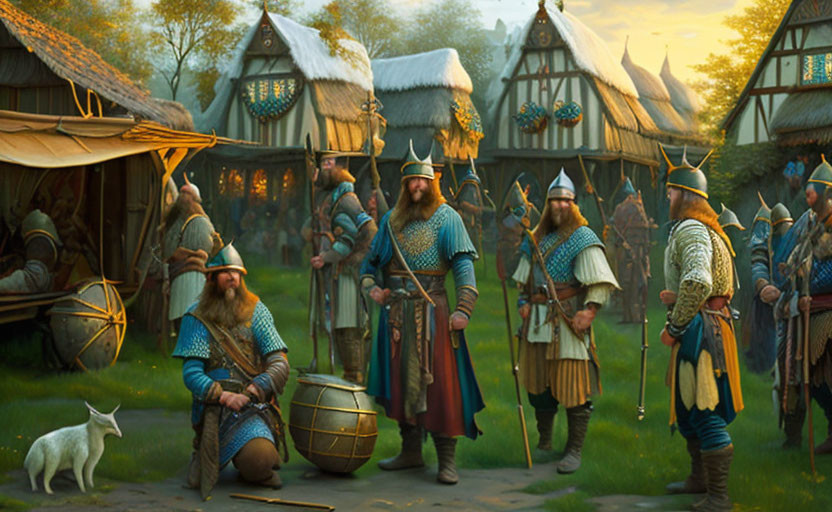 Armored Viking warriors in medieval village with thatched-roof houses and small dog.