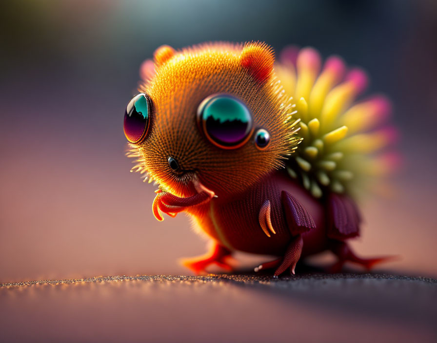 Orange furry creature with big eyes and flower-like appendages on soft background