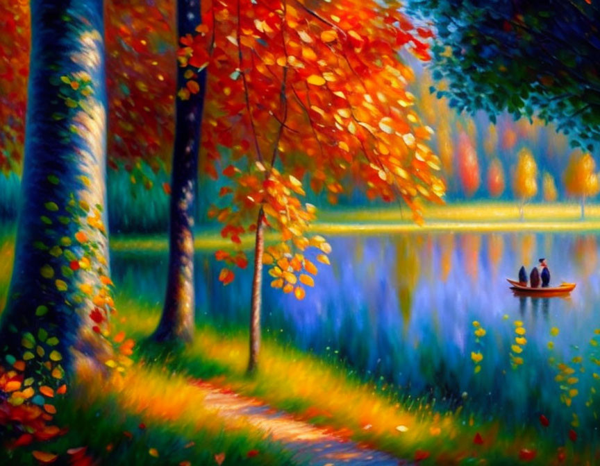 Serene lake painting with boat, autumn trees, and sunset colors