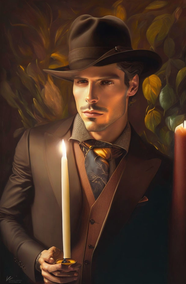 Man in hat holding candle with warm lighting & autumn leaves.