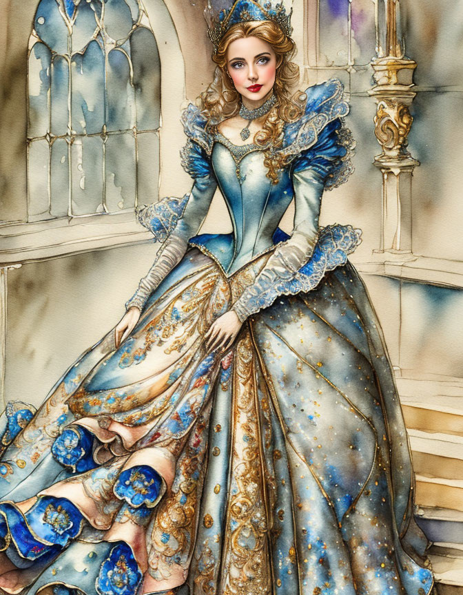 Renaissance woman in blue and gold gown by arched window