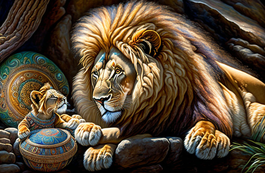 Colorful lion and cub painting with intricate sphere backdrop