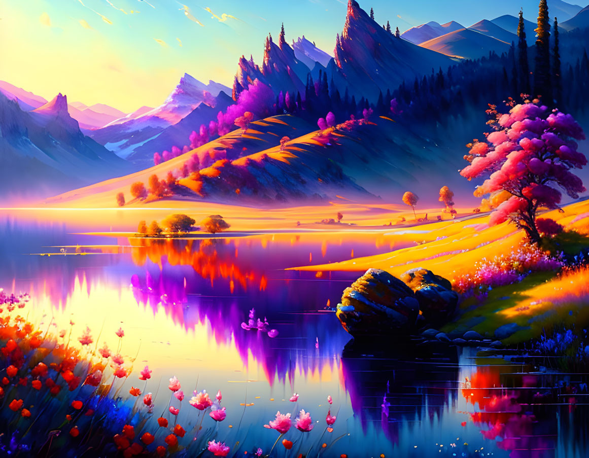 Colorful Landscape: Serene Lake, Pink Trees, Mountains, Flowers