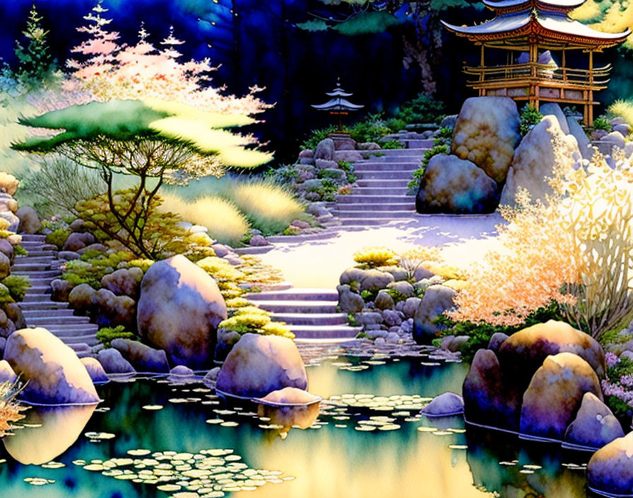 Tranquil Japanese garden at dusk with pond and pagoda