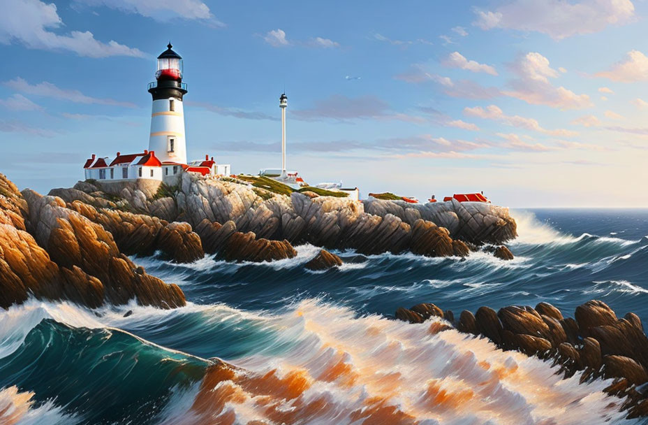 Scenic lighthouse on rocky cliff with crashing waves under sunny sky