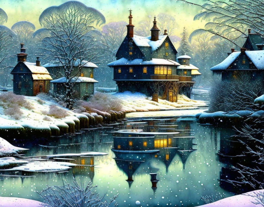 Snow-covered houses by tranquil river in winter twilight