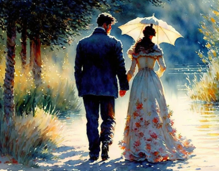 Couple Walking Under Shared Umbrella on Sunlit Path