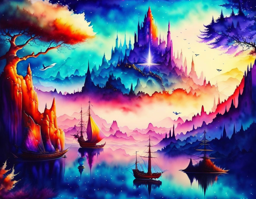 Colorful fantasy landscape with sailing ships, mountains, castle, and starlit sky