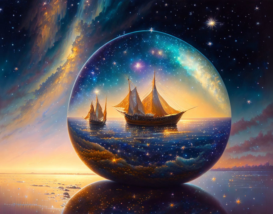 Fantasy painting: ship in transparent sphere, cosmic sky.