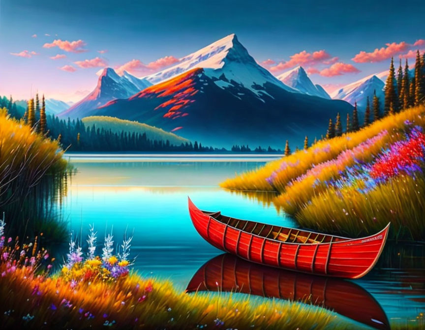 Scenic illustration of serene lake with red canoe, wildflowers, and mountains