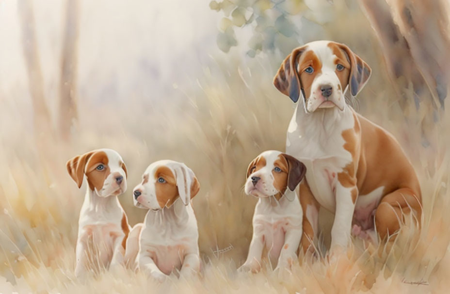 Adult dog with three puppies in tall grass under soft light.