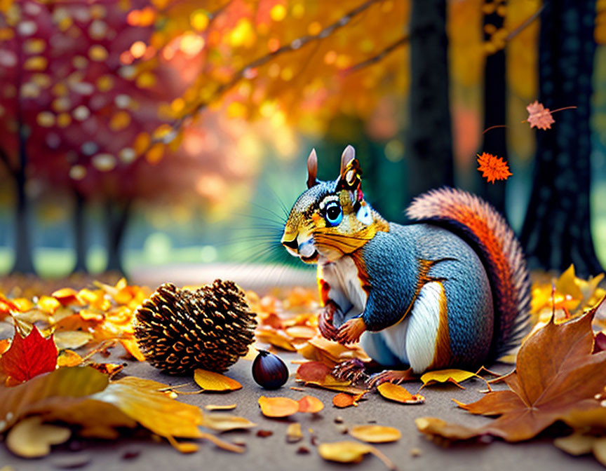 Vibrant autumn forest scene with squirrel, nut, leaves, and pinecone