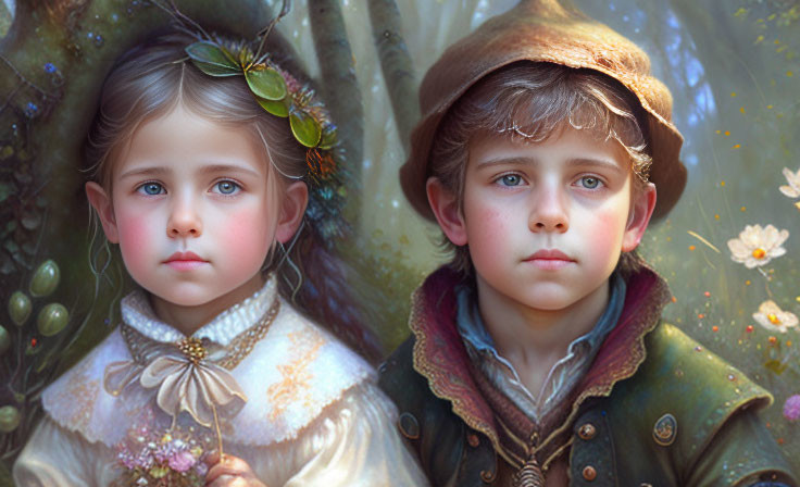 Vintage-dressed children in magical forest setting with soft light and flowers