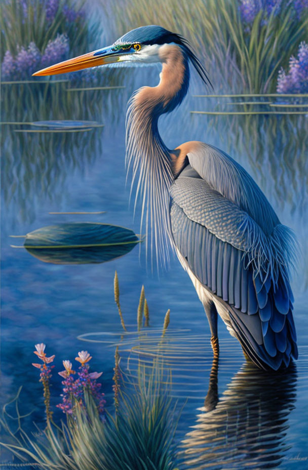 Graceful great blue heron in serene natural habitat with lush greenery and purple flowers