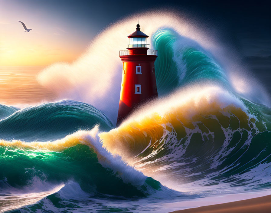 Red Lighthouse in Sunset Sky with Teal Waves and Flying Bird