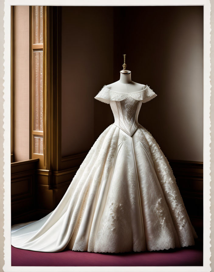 White Lace Wedding Dress with Full Skirt in Classic Room