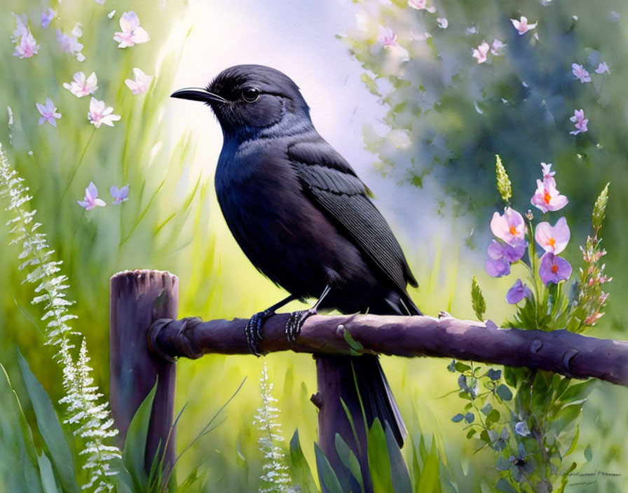 Black Bird on Wooden Fence in Lush Greenery with Wildflowers