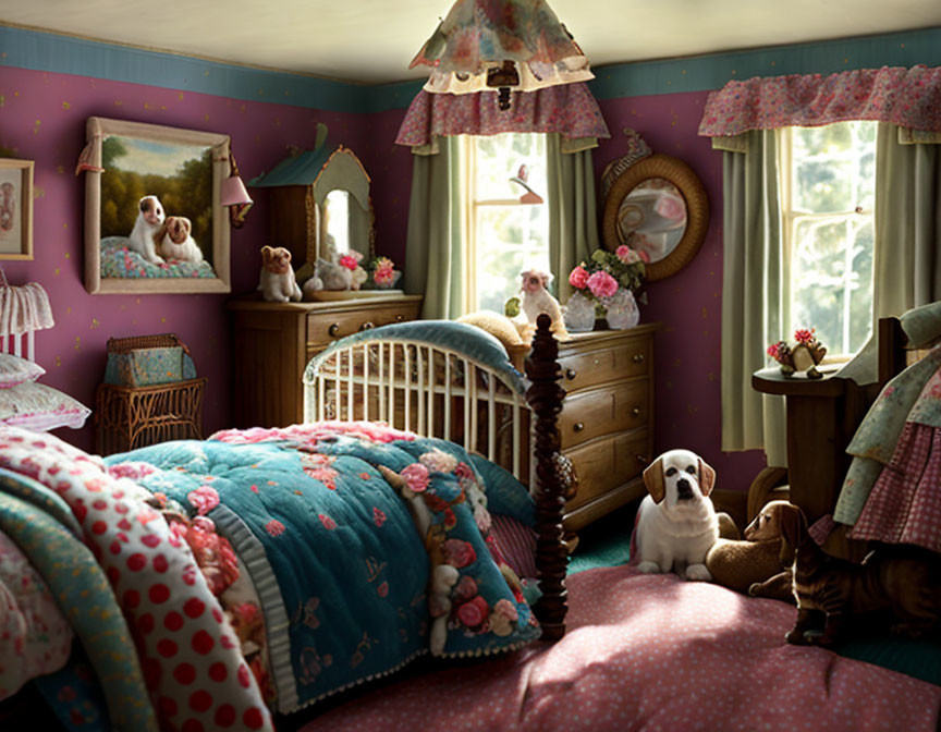 Vintage-styled bedroom with floral patterns, wooden crib, dresser, plush dog toys, and real dog