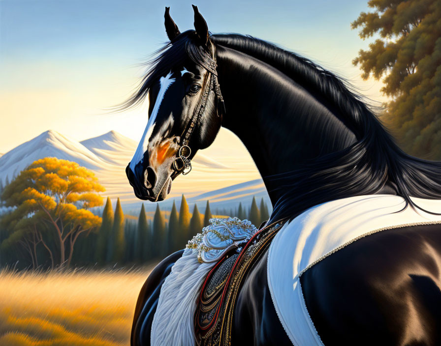 Majestic black horse with shiny coat and ornate tack in field landscape