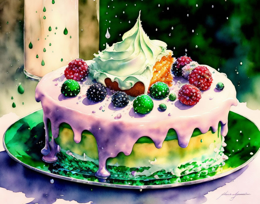 Watercolor illustration of purple icing cake and berries with splashing milk