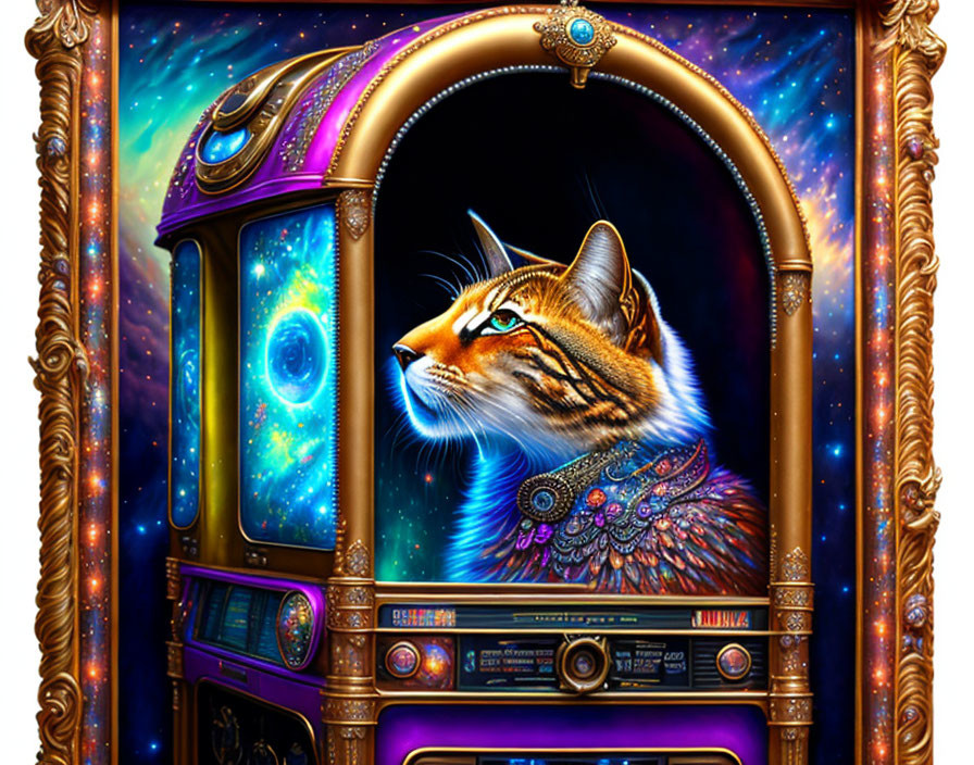 Majestic cat with ornate jewelry in cosmic arcade frame