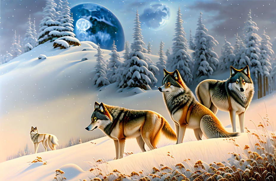 Three wolves in snowy landscape with pine trees and full moon.