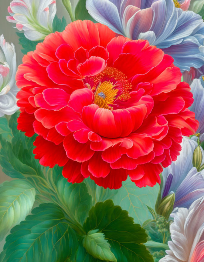 Vibrant Red Peony in Full Bloom with Green Leaves and Blue Flowers Background