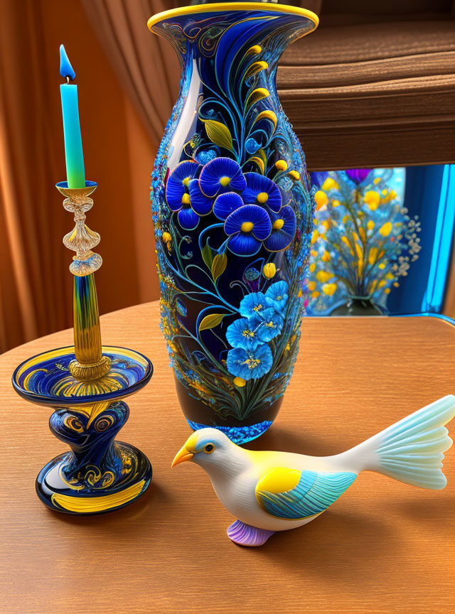 Blue floral-patterned vase, candle holder with blue candle, ceramic bird figurine