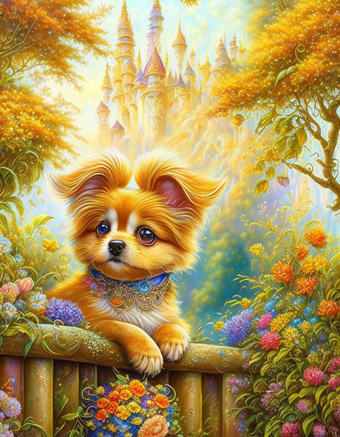 Whimsical puppy on fence with castle and flowers