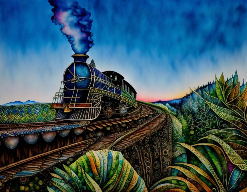 Vibrant steam train artwork in ornate landscape