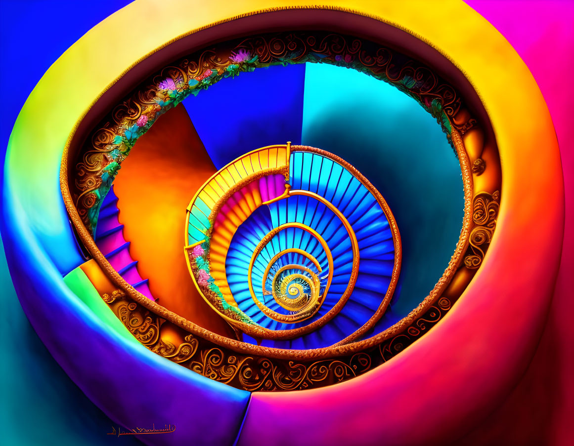 Colorful Fractal Spiral Staircase Design in Blue, Orange, and Purple