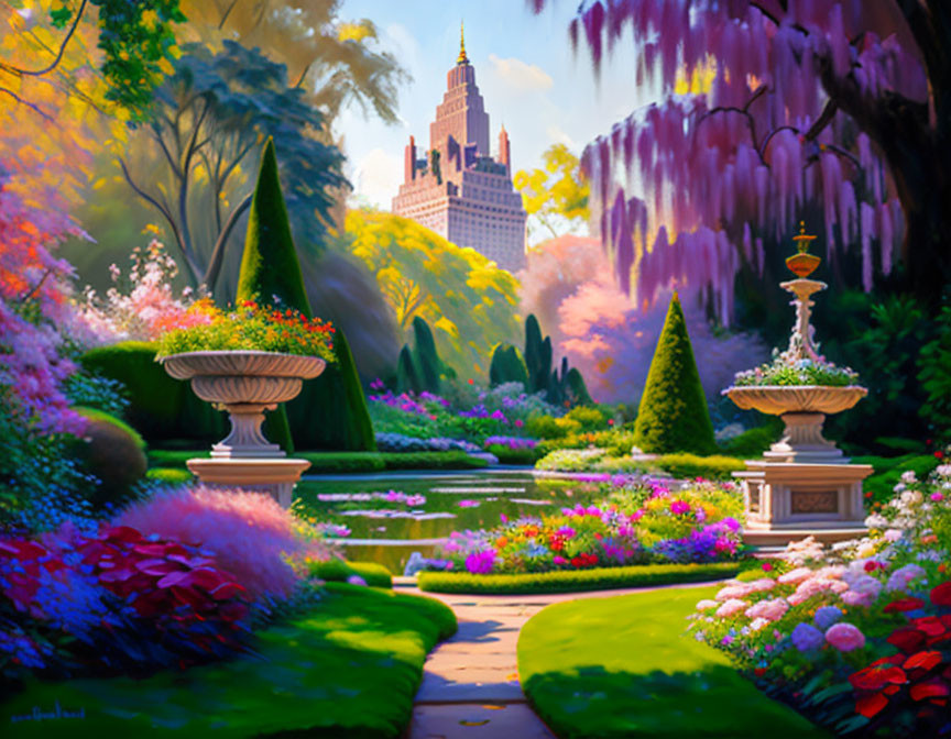 Lush Flower Garden with Reflective Pond and Castle-Like Building