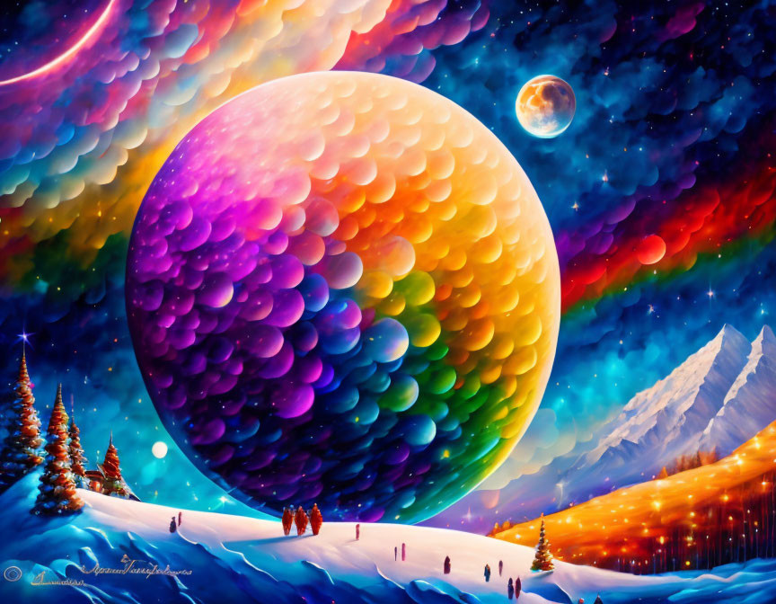 Colorful surreal landscape with textured sphere, moon, aurora sky, snowy terrain, trees, and