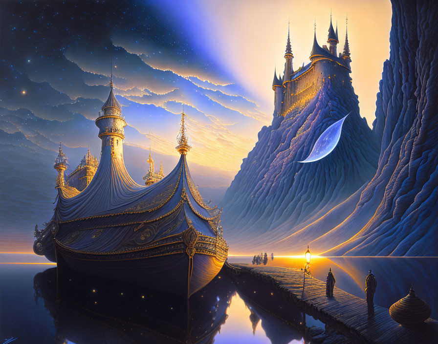 Fantasy landscape with ship structure, mountain castles, starry sky.