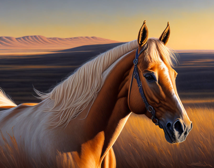 Palomino horse with white mane in sunset-lit field