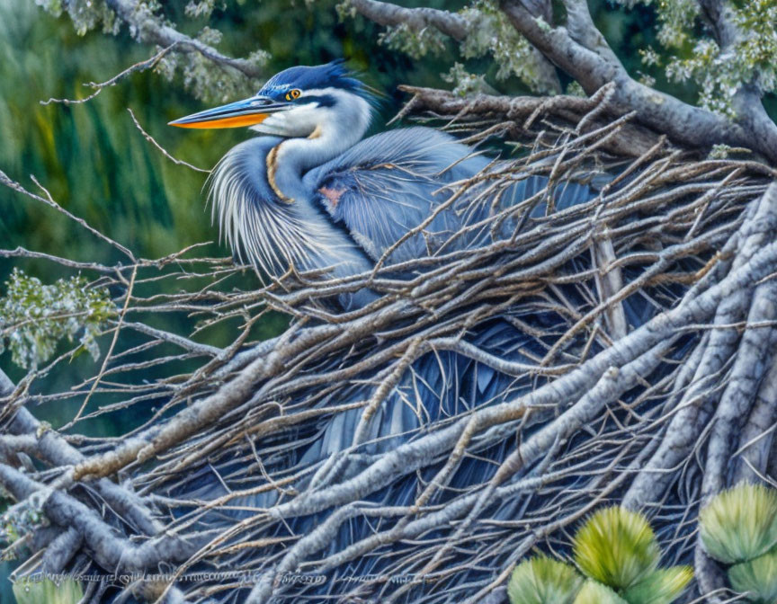 Blue heron perched in branch nest surrounded by greenery