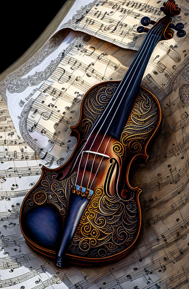 Patterned Violin on Sheet Music with Warm Wooden Tones and Artistic Designs