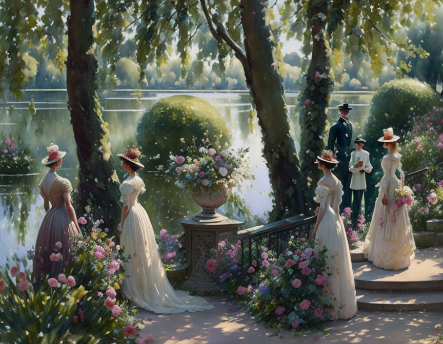 Victorian-era individuals in elegant attire converse by serene lake amid blooming gardens