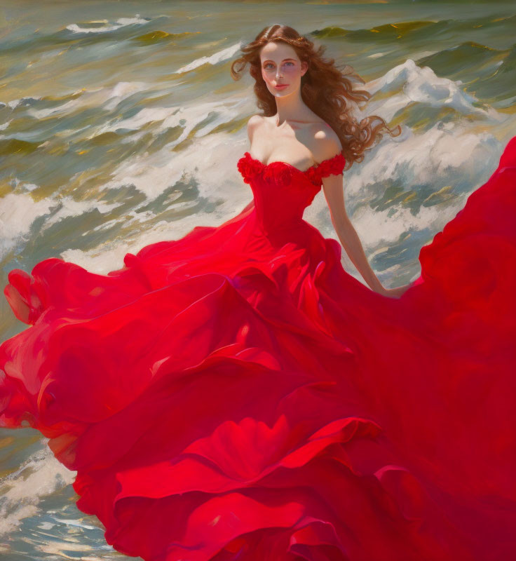 Woman in Red Gown Sitting by Ocean Waves