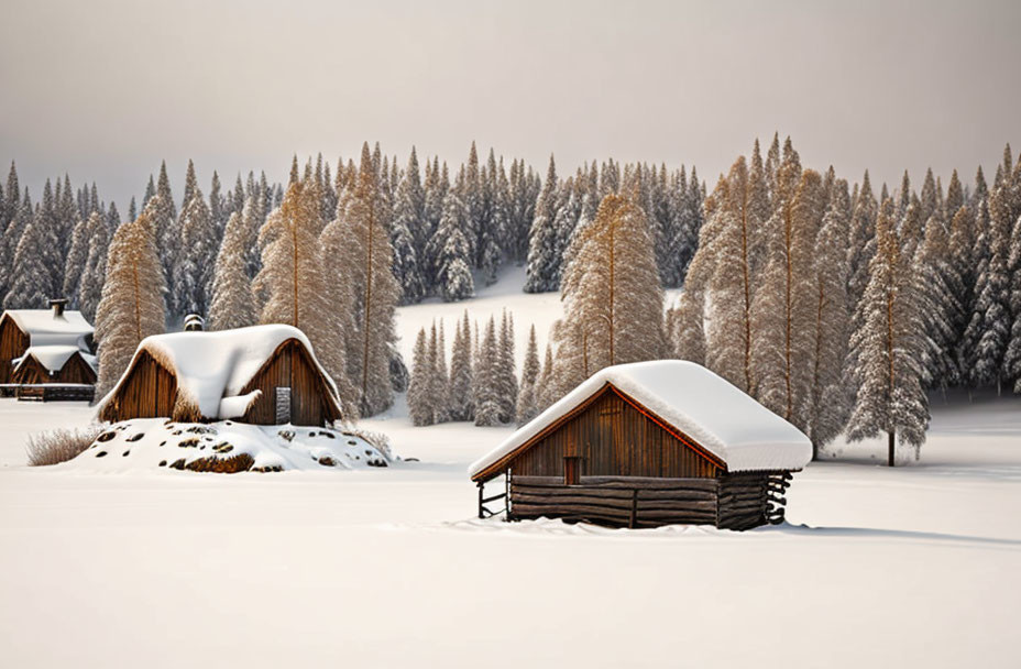 Snow-covered wooden cabins in frosty pine tree landscape