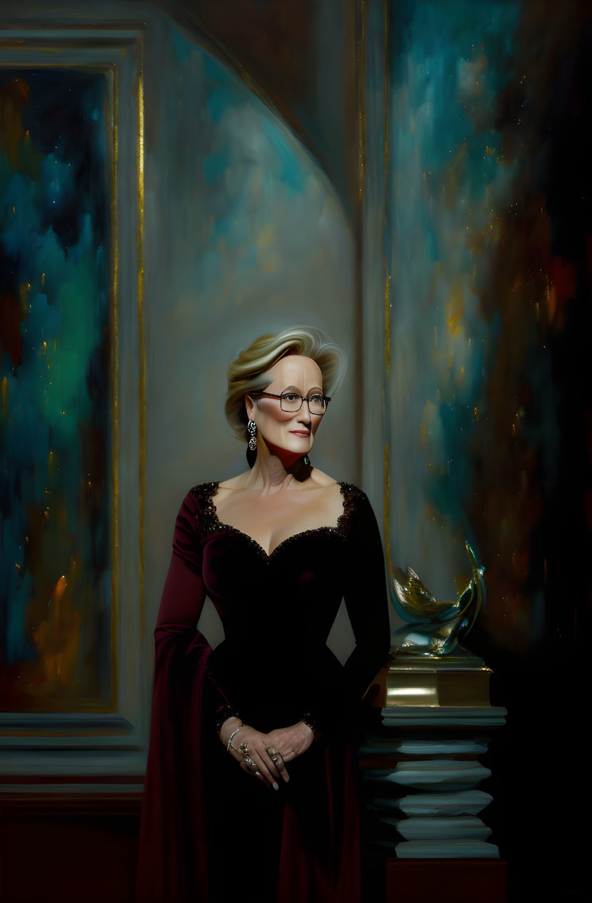 Portrait of woman with glasses in low-cut gown by column and statue in ethereal backdrop