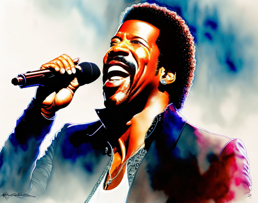 Vibrant male singer illustration with microphone and afro against colorful background