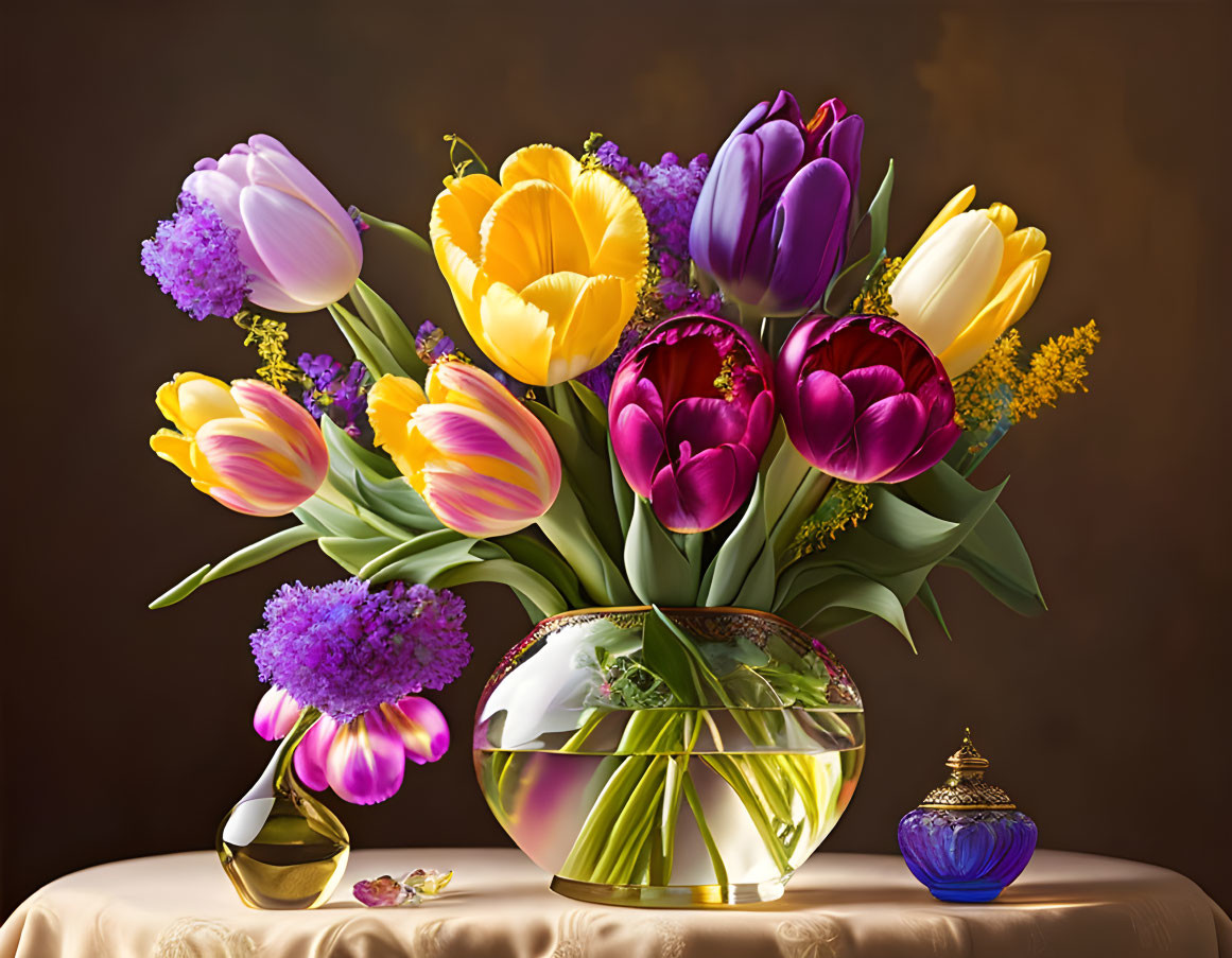 Colorful tulip bouquet with glass balls and blue bottle on table.